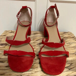 Banana Republic Laser‎ Cut Low Block Heel Ruby Red Suede Sandals. Size 8.